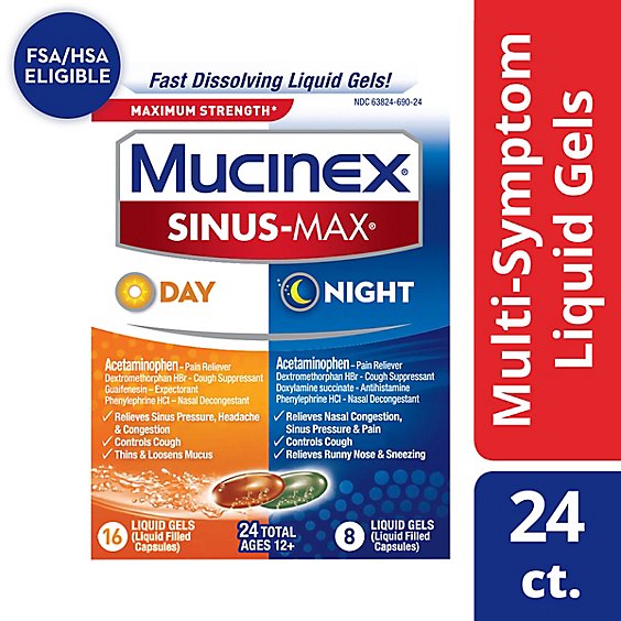 Mucinex Sinus-Max Day & Night Medicine Maximum Strength Liquid Gels - 24 Count