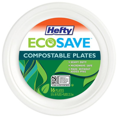 Hefty ECOSAVE 100% Compostable Paper Plates Round 10 Inch White - 16 Count