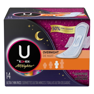 U by Kotex Security Overnight Maxi Pads, Regular Length, Unscented, 28CT