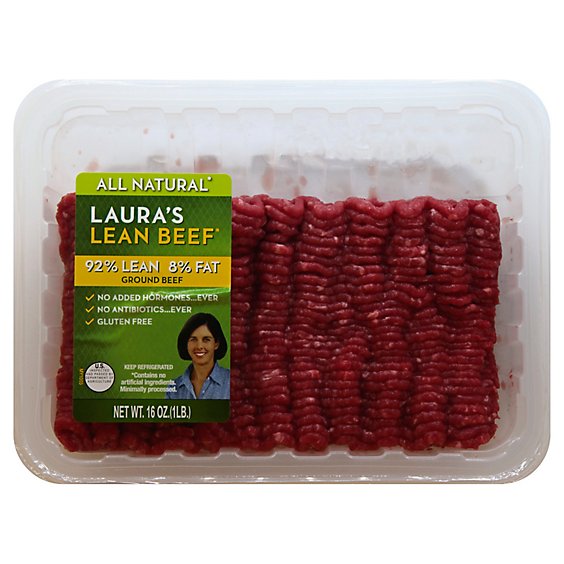 Lauras Beef Ground Beef 92% Lean 8% Fat - 16 Oz