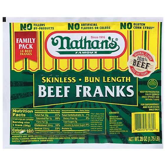 Nathan's Famous Skinless All Beef Bun Length Hot Dogs - 14 Count - 1.75 lb