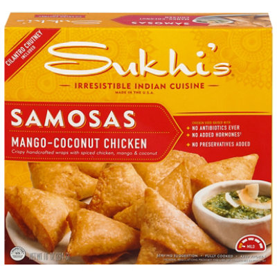 Sukhi's Indian Chicken Mango Coconut Samosa Frozen Appetizer Snack - 10 Oz - Image 1