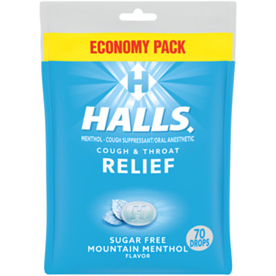 HALLS Cough Suppressant Drops Triple Soothing Action Sugar Free Mountain Menthol - 70 Count