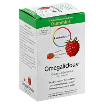 Rainbow Light Omegalicious Omega-3 Gummies Sour Raspberry Flavor Gummies - 120 Count - Image 1