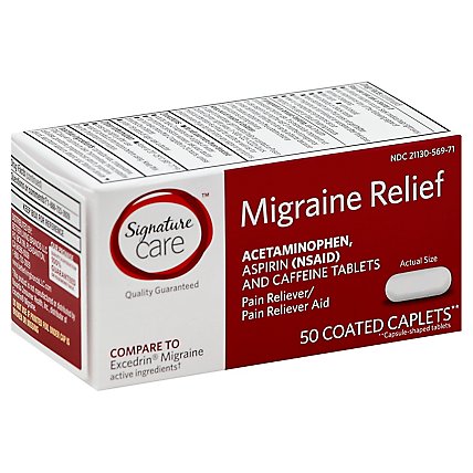Signature Care Migraine Relief Acetaminophen Aspirin Pain Reliever Coated Caplet - 50 Count - Image 1