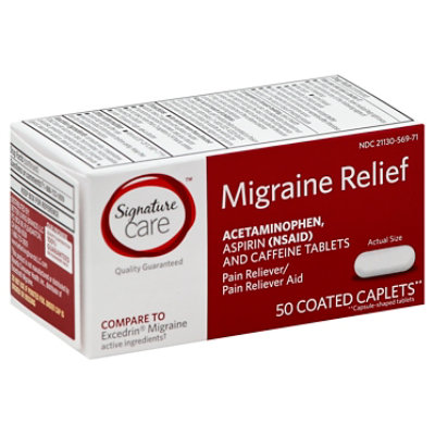 Signature Care Migraine Relief Acetaminophen Aspirin Pain Reliever Coated Caplet - 50 Count