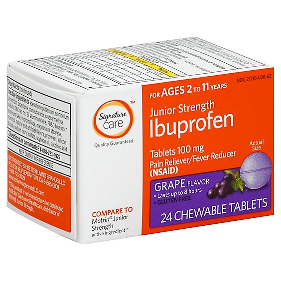 Signature Care Ibuprofen Childrens Strength Chewable Tablet Grape 100mg - 24 Count