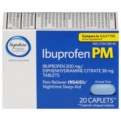 Signature Care Ibuprofen Pain Reliever PM 200mg NSAID Sleep Aid Caplet Blue - 20 Count