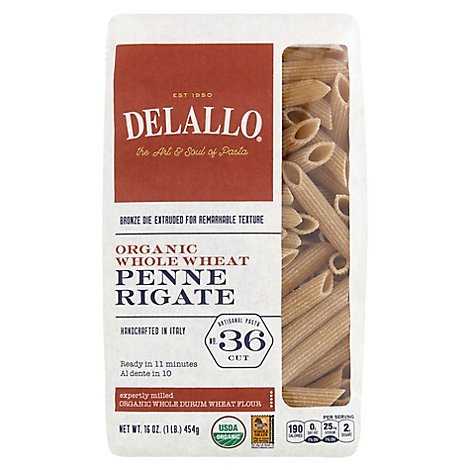 DeLallo Pasta Organic 100% Whole Wheat No. 36 Penne Rigate Bag - 16 Oz