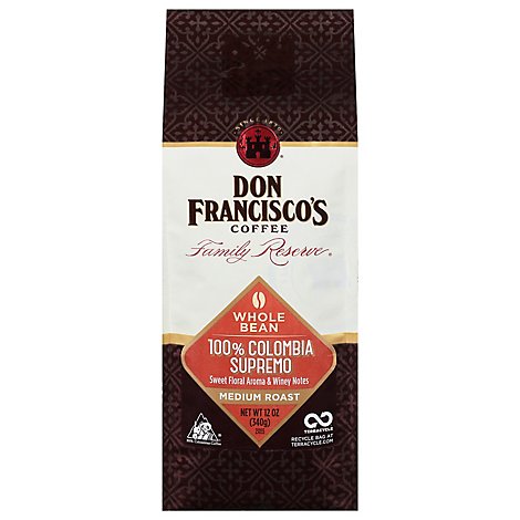 Don Franciscos Coffee Family Reserve Coffee Whole Bean Medium Roast Colombia Supremo - 12 Oz