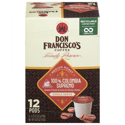  Don Franciscos Coffee Family Reserve Coffee Single Serve Medium Colombia Supremo - 12-0.33 Oz 