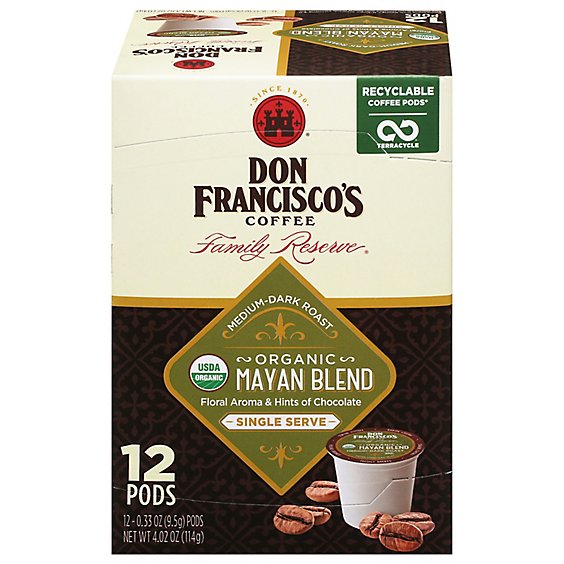 Don Franciscos Coffee Family Reserve Coffee Organic Single Serve Medium Mayan Blend - 12-0.33 Oz