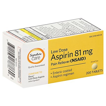 Signature Care Aspirin Pain Relief 81mg NSAID Low Dose Enteric Coated Tablet - 200 Count - Image 1