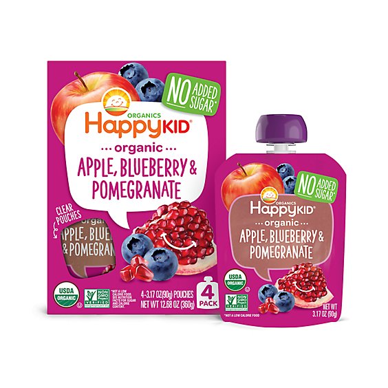 Happy Kid Organics Organic Apple Blueberry And Pomegranate Pouches - 4-3.17 Oz