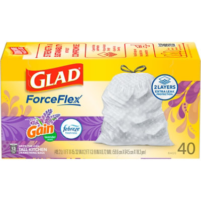 Glad Forceflex Tall Kitchen Trash Bags - Gain Lavender With Febreze 40 Count - 13 Gallon