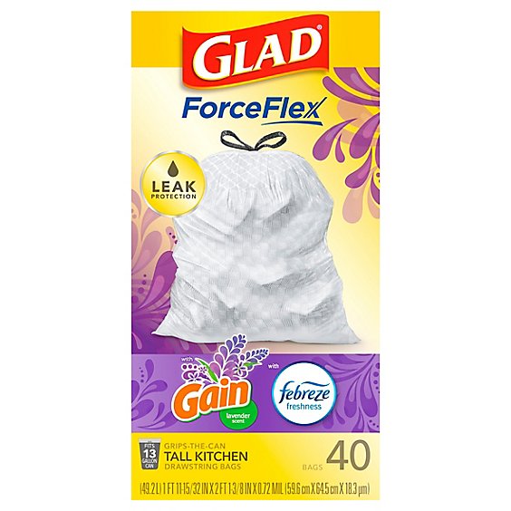 Glad Forceflex Tall Kitchen Trash Bags - Gain Lavender With Febreze 40 Count - 13 Gallon