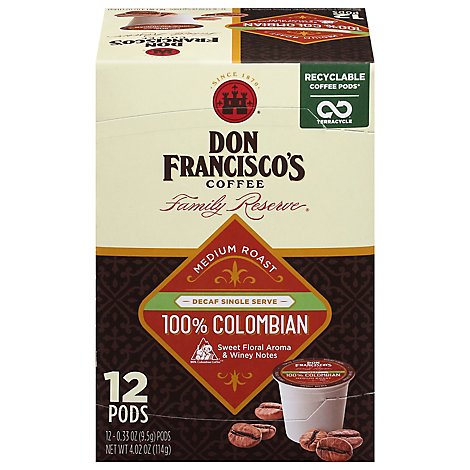 Don Franciscos Coffee Family Reserve Coffee Single Serve Medium Decaf Colombian - 12-0.33 Oz