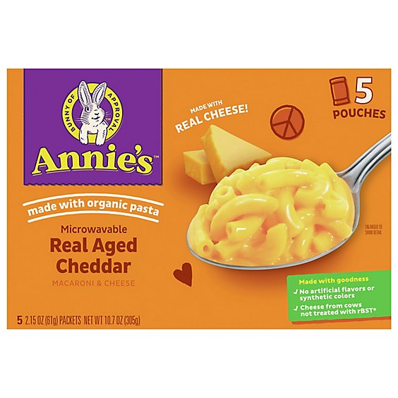 Annies Homegrown Mac & Cheese Microwavable with Real Aged Cheddar Box - 5-2.15 Oz