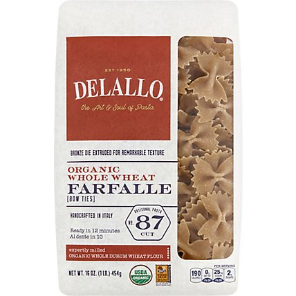 DeLallo Pasta Organic 100% Whole Wheat No. 87 Farfalle Bag - 16 Oz - Image 2