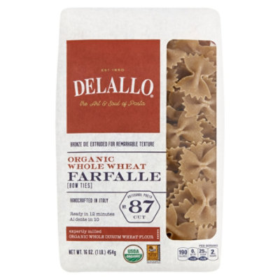 DeLallo Pasta Organic 100% Whole Wheat No. 87 Farfalle Bag - 16 Oz