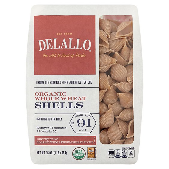 DeLallo Pasta Organic 100% Whole Wheat No. 91 Shells Bag - 16 Oz