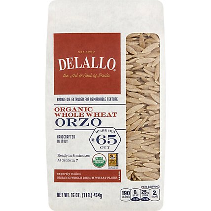 DeLallo Pasta Organic 100% Whole Wheat No. 65 Orzo Bag - 16 Oz - Image 2