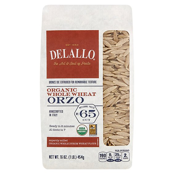 DeLallo Pasta Organic 100% Whole Wheat No. 65 Orzo Bag - 16 Oz