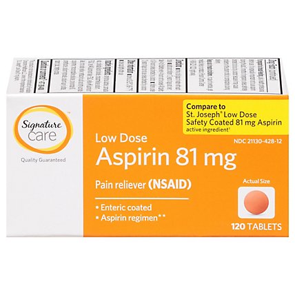 Signature Care Aspirin Pain Relief 81mg NSAID Low Dose Enteric Coated Orange Tablet - 120 Count - Image 1