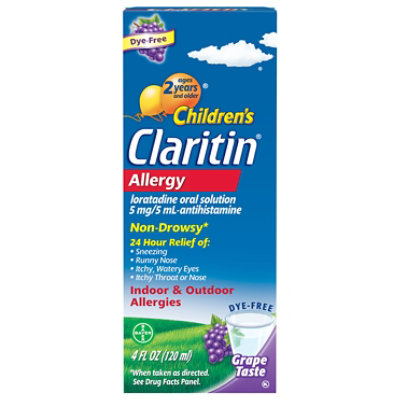 Claritin Childrens Antihistamine Oral Solution Indoor & Outdoor Allergies Grape Taste - 4 Fl. Oz. - Image 1