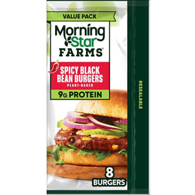 MorningStar Farms Veggie Burgers Plant Based Protein Spicy Black Bean 8 Count - 18.9 Oz