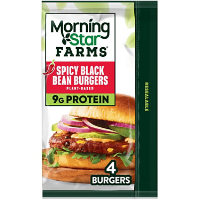 MorningStar Farms Veggie Burgers Plant Based Protein Spicy Black Bean 4 Count - 9.5 Oz