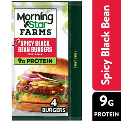 MorningStar Farms Veggie Burgers Plant Based Protein Spicy Black Bean 4 Count - 9.5 Oz