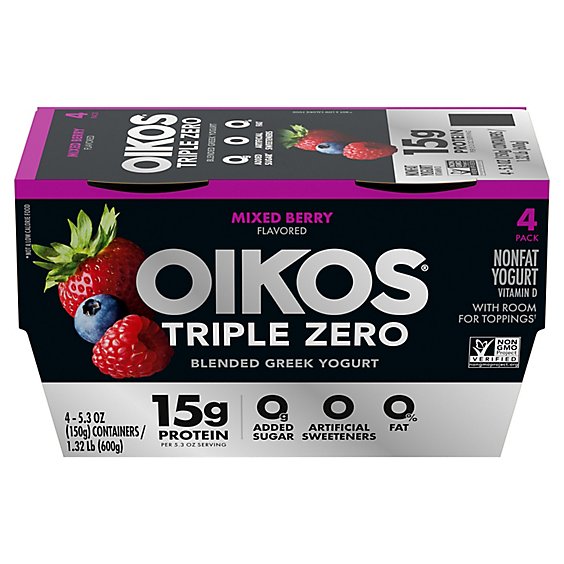 Oikos Triple Zero Greek Yogurt Blended Nonfat Mixed Berry - 4-5.3 Oz