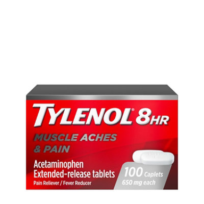 TYLENOL Pain Reliever/Fever Reducer Caplets 8 HR Muscle Aches & Pain 650 mg - 100 Count - Image 1