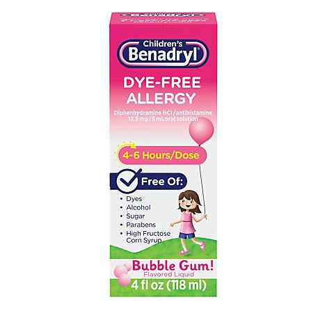 Benadryl Childrens Allergy Liquid Dye-Free Flavored Bubble Gum! - 4 Fl. Oz.