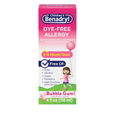 Benadryl Childrens Allergy Liquid Dye-Free Flavored Bubble Gum! - 4 Fl. Oz.