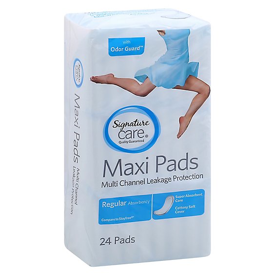 Signature Care Multi Channel Leakage Protection Regular Absorbency Maxi Pads - 24 Count