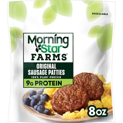 MorningStar Farms Meatless Sausage Patties Plant Based Protein Original 6 Count - 8 Oz