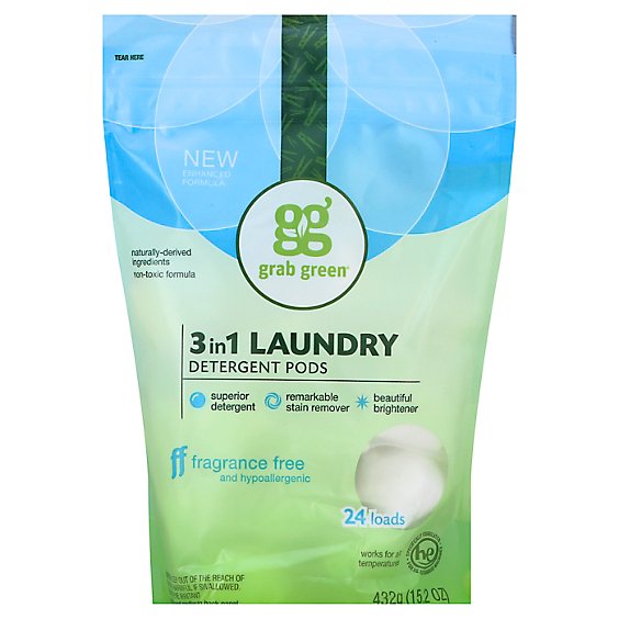 Grab Green Laundry Detergent Pods 3 In 1 Fragrance Free 24 Loads Pouch - 15.2 Oz