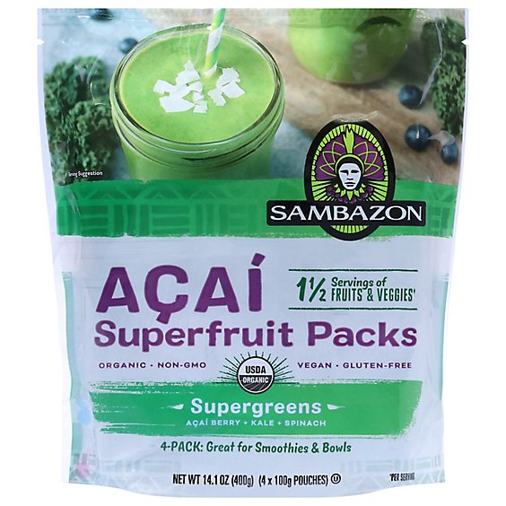 Sambazon Organic Superfruit Packs Supergreens Acai - 4-3.5 Oz