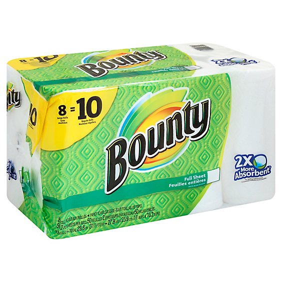 Bounty Paper Towels Full Sheet Large Rolls 2-Ply White - 8 Roll