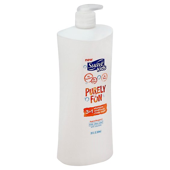Suave Kids Purely Fun Shampoo + Conditioner + Body Wash 3 In 1 Mild Clean Scent - 28 Fl. Oz.