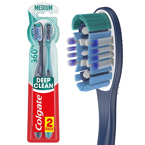 Colgate 360° Manual Toothbrush with Tongue and Cheek Cleaner Medium - 2 Count