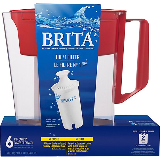 Brita BPA Free Soho Small 6 Cup Capacity Red Water Filter Pitcher With Standard Filter - Each