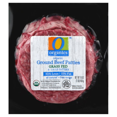 O Organics Organic Beef Grass Fed Ground Beef Hamburger Patties 85% Lean 15% Fat 4 Count - 16 Oz.