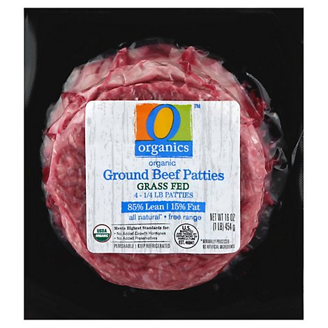 O Organics Organic Beef Grass Fed Ground Beef Hamburger Patties 85% Lean 15% Fat 4 Count - 16 Oz.