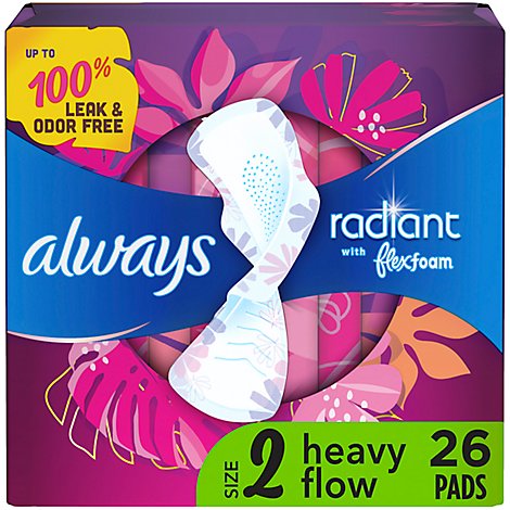 Always Radiant FlexFoam Pads Size 2 Heavy Flow Absorbency With Wings - 26 Count