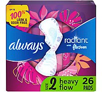 Always Radiant FlexFoam Pads Size 2 Heavy Flow Absorbency With Wings - 26 Count
