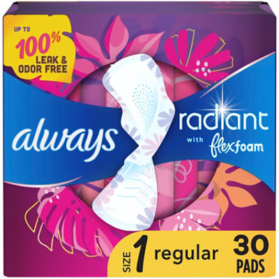 Always Radiant FlexFoam Pads for Women Size 1 Regular Absorbency with Wings Scented - 30 Count - Image 1