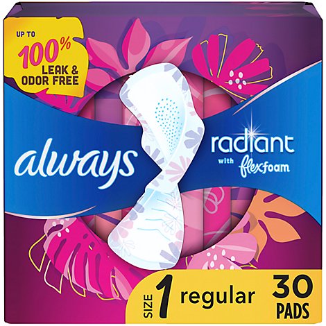 Always Radiant FlexFoam Pads for Women Size 1 Regular Absorbency with Wings Scented - 30 Count